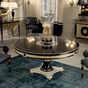 !@Antique Style Villa Dining Room Furniture Black Dining Table Wood Veneer 6-8 Seater Luxury Rectangle Round Dining Table Set Wo