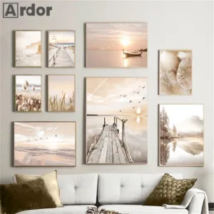 Natural Scenery Print Reed Grass Beach Canvas Poster Lake Boat Bridge Sunset Wall Art Painting Nordic Wall Pictures Home Decor