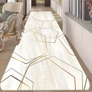 Luxury Gold Line Geometric Runner Rug White Marble Texture Abstract Polygon Non-Slip Mat Modern Minimalist Home Decor Carpet