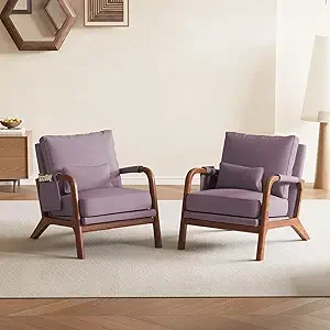 Modern Accent Chair with Pillow & Pocket, Upholstered Armchair with Solid Wood Frame & Soft Cushion for Living Room