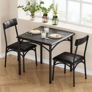 Kitchen Dining Table Set Chairs for 2, Metal and Wood Square Dining Room Table Set with 2 Upholstered Chairs for Small Space, Apartment