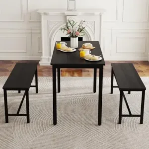 Dining Table Set for 4, Kitchen Table with 2 Benches, 3-Piece Wood Dining Room Furniture Dinette Chairs Sets for