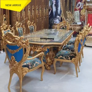 M138 French Royal Baroque Dining Set — Hand-Carved Solid Wood Table with Upholstered Chairs, Luxury Gold for Villa/Hotel