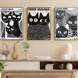 Yayoi Kusama Black Cat Canvas Wall Art Japanese Abstract Printed Painting Poster Modern Home Decor for Living Room Bedroom