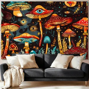 Trippy Mushroom Tapestry, Psychedelic Red Mushrooms with All-Seeing Eyes Print Wall Hanging for Bedroom Living Room Home Decor