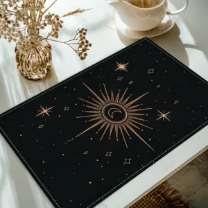 Set of 4 Starry Sky Placemats Cosmic Sun Moon Stars Gold on Black Polyester Machine Washable For Dining Wedding Party Decor