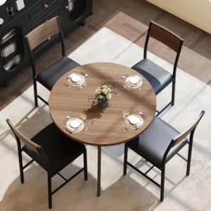 Round Dining Table Set or 4, Kitchen Table and Chairs or 4, Dining Room Circle Dinner Pedestal Table, Solid Metal e,Space Saving