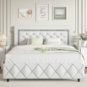 Full Size Bed Frame, Upholstered Platform Bed with Button Tufted Headboard, Princess Platform Bed with Diamond Design,, Custom