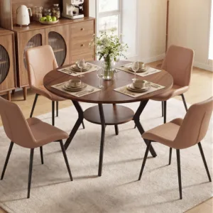 42.13" 5-Piece Round Dining Table Set for 4, Kitchen Table Set with 4 Upholstered Chairs and Storage Shelf, Dining Room, Custom