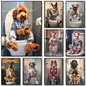 Funny Dog Poster Goldendoodle Sitting on Toilet on Mobile Phone Print Animal Art Dog on Toilet Canvas Painting for Home Decor