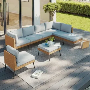 8-Piece Outdoor Sectional Sofa Set with Cushions, Grey Wicker Patio Furniture for Garden & Backyard