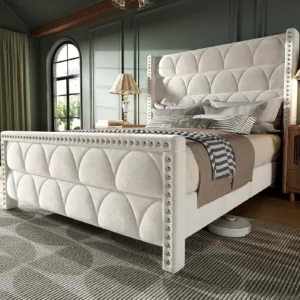 Queen Size Bed Frame with 56" Headboard - Velvet Upholstered Wingback Platform Bed Frame, Noise Free, Sturdy Wooden, Custom
