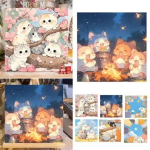 Kitten Digital Oil Painting DIY Colouring Kit Adorable Cartoon Animal Craft For Children Simple Oil Painting Decorative Hanging