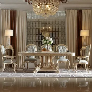 !@European Villa Home Classic Royal Luxury Solid Dining Table Set 6 Seater Dining Room Furniture Handmade Antique for Hotel Use
