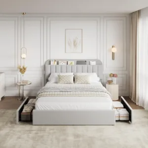 Full Size Boucle Upholstered Platform Bed Frame with Storage Headboard & 2 Drawers, Gray Bed Frame, No Box Spring Needed, Noise Free, Easy Assembly