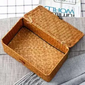 Traditional Braided Straw Box with Lid Handcrafted Decorative Storage Bin for Shelves Closet or Desk