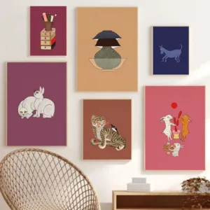 Korean Folk Art Minhwa Illustration with Pomegranate Donkey Tiger Minimalist Art Print Canvas Poster Wall Art Asian Home Decor