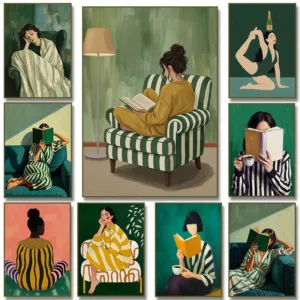 Trendy Cozy Contemporary Minimalist Striped Woman Abstract Portrait Poster Canvas Painting Wall Art Pictures Home Decor