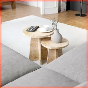 Travertine Effect Round Nesting Coffee Table Set of 2, Modern Small Side End Tables for Living Room