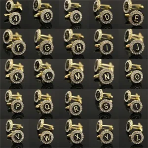 26 Initial Capital Letter A-Z Mens Cufflinks Galaxy Golden Color Gear Shape Crystal Cuff Links Formal Shirt Suit Jewelry Gift