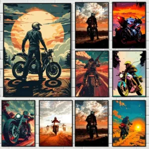 Motorcycle Rider at Sunset Painting Calligraphy Eco-Friendly Cotton Canvas Poster Waterproof Wall Art for Home Decor Gift