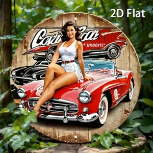 2D Flat - Retro Car Metal Tin Sign - 2D Flat Design, 20x20cm Round Aluminum Wall Decor Featuring Classic Car Girl Illustratio