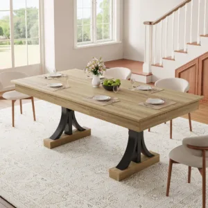 71 Inch Dining Table For 6-8 With 2 Drawers, Industrial Rectangular Wooden Kitchen Table, Double Pedestal Base For Home Office