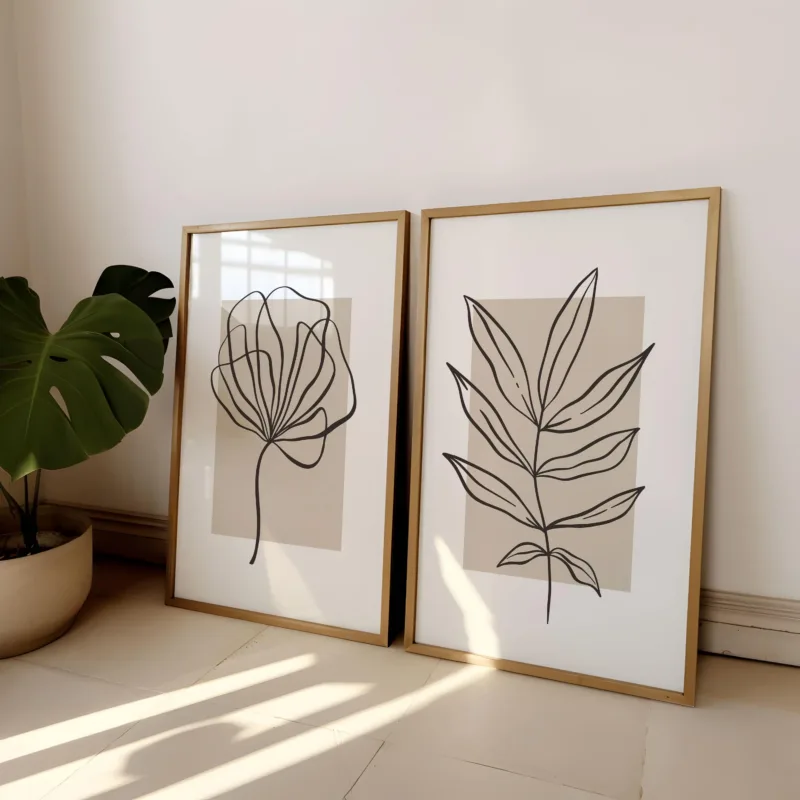2PC Minimal Line Art Botanical, Abstract Beige Flower and Leaf Canvas Painting Prints for Modern Bedroom or Living Room Decor