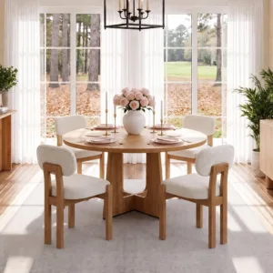 5-Piece Round Dining Table Set, 47 Inch Modern Kitchen Table with 4 Beige Fabric Upholstered Chairs with Wood Legs,, Custom
