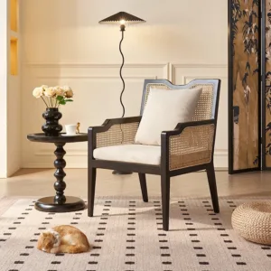 Custom Modern Bohemian Solid Wood Natural Rattan Accent Dining Armchair with Upholstered Seat Black Frame for Living Room Hotel
