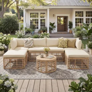 7 Pieces Outdoor Patio Furniture, All-Weather Rattan Sectional Sofa Set with Thick Cushions and Pillows, Freely Combined Conversation Sets for Garden, Backyard, Balcony, Brown