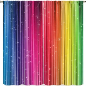 Rainbow Stripe Window Curtains for Kids, Abstract Colourful Rainbow Window Treatments Weather Happiness Nature Concept Window