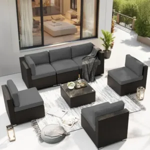 7-Piece Grey Outdoor Sectional Sofa Patio Furniture Set with All-Weather PE Rattan Wicker, Washable Cushions, and Glass Table