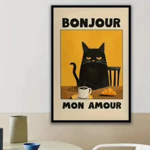 Modern Black Cat Illustration with Yellow Background Perfect for Living Room Hallway Decor, Cute Cat Decoration Poster -unframed