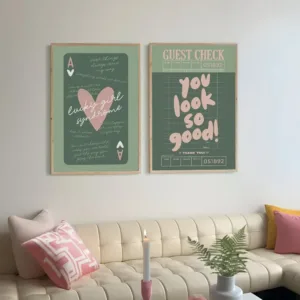 Frameless Sage Green and Pink Aesthetic Inspirational Quotes Poster, Lucky Girl Ace Heart Card Aesthetic Poster Fashion Wall Art