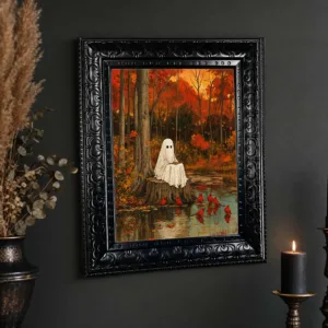 Framed Canvas Wall Art Vintage Ghost Autumn Forest Print, Red Cardinal Birds Painting for Halloween Fall Gothic Home Decor
