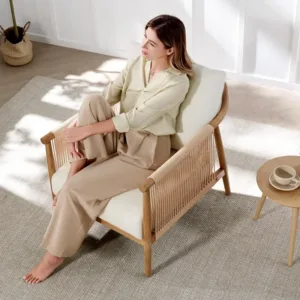 CHITA Braid Accent Chair Set of 2, Wood Frame and Paper-Cord Armrest, Cream | Boho Reading Armchair, FSC Certified Solid Wood