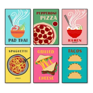 Trendy Preppy Classic Food Pizza Tacos Ramen Pasta Retro Abstract Poster Canvas Painting Wall Art Pictures Home Interior Deco