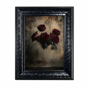 Framed Canvas Wall Art Dark Burgundy Roses Print, Moody Vintage Gothic Floral Oil Painting for Dark Academia Room Decor