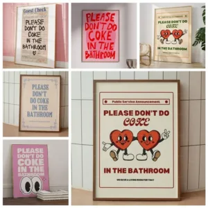Retro Please Don't Do Coke In The Bathroom Beige Groovy Animated Hearts Wall Art Canvas Painting Posters Living Room Home Decor
