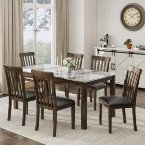 7-Piece Wood Dining Table Set with Faux Marble Tabletop, Dark Brown | 71" Kitchen Table with 6 Chairs, Curved Backrests, Custom