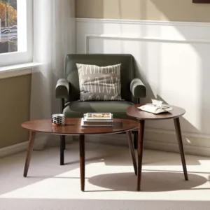 Solid Oak Wood Nesting Coffee Table Set, Oval & Round Tables for Living Room