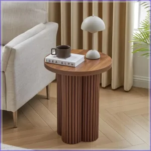 Round Fluted End Table 17.7'' Mid Century Modern Side Table Nightstand Wood for Living Room Walnut