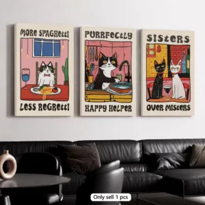 Retro Kitchen Canvas Cat Chef Art Dishes Framed Wall Painting Canvas Art Poster Solid Wood Frame for Room Living Home Decor