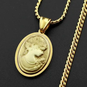 Vintage Victorian Lady Cameo Pendant Necklace Gold Color Stainless Steel Twist Chain Elegant Retro Chain Jewelry For Women
