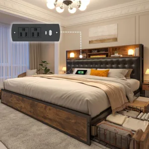 King Size Bed Frame with 4 Drawers & Charge Station, Vintage Brown, Customized