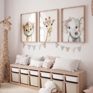 Baby Girl Nursery Wall Art Set Safari Animals with Pink Bows Girl Safari Nursery Wall Art Set of 3 Elephant Giraffe Lion Prints