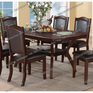 7pc Formal Dining Set with Solid Wood Table, Shelve & 6 Chairs in Espresso Finish