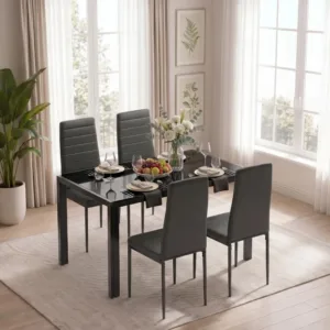 Black 5 Piece Glass Dining Table Set with PU Leather Chairs for 4, Modern Small Kitchen Table Set