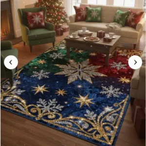 Glam Christmas Rug, Glitter Snowflake Carpet Luxury Holiday Decor Red Green Blue Area Rug Home Decoration Carpet